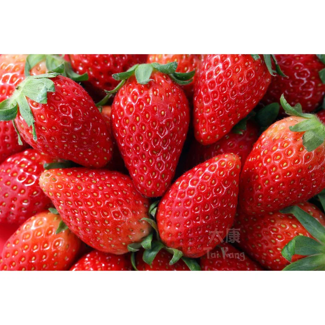 Fresh ripe strawberries with green stems, close-up view, premium quality fruit