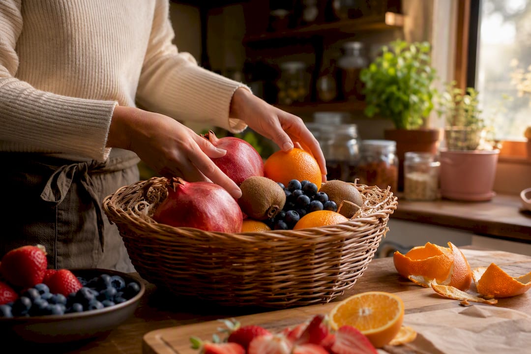 Hands packing fresh fruit gift box