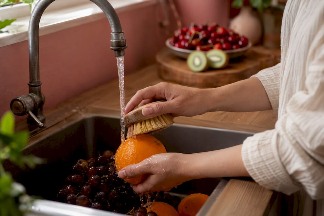 Hands scrubbing fresh fruit under running water