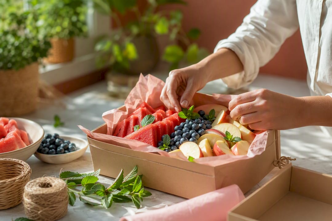 Hands arranging fresh fruit gift box