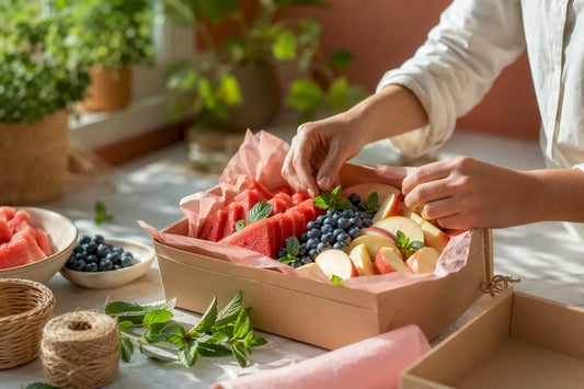 Hands arranging fresh fruit gift box