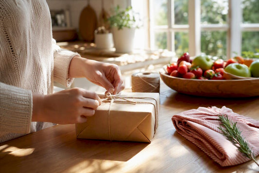 Hands wrapping a gift with kraft paper and twine
