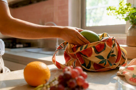 Hand placing mango into paper bag with fruits