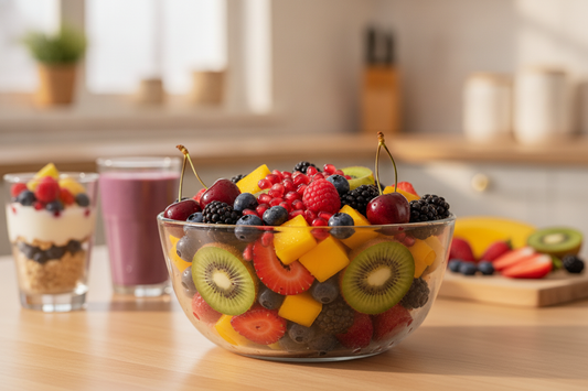 Colorful bowl of antioxidant rich fruits including berries, kiwi, and mango for a healthy lifestyle boost