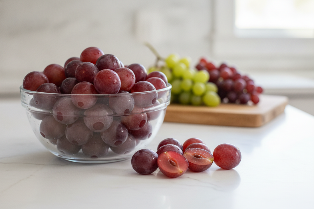 Fresh candy heart grapes in a glass bowl, perfect for healthy snacking and gourmet gifting