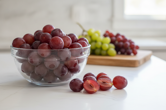 Fresh candy heart grapes in a glass bowl, perfect for healthy snacking and gourmet gifting