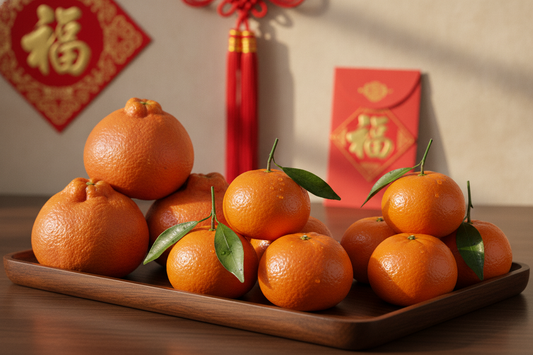 Assorted different Chinese New Year mandarin varieties on a festive tray, perfect for healthy gifting