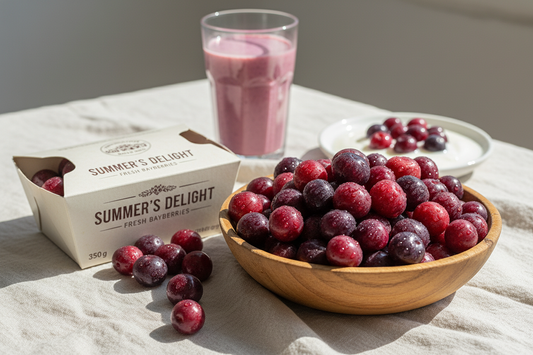 Fresh bayberries seasonal fruit in a wooden bowl with smoothie, perfect for healthy summer snacks