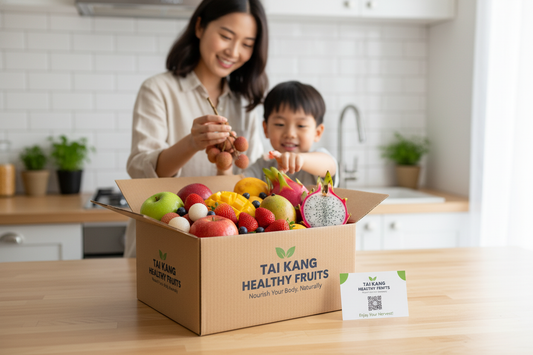 Mother and child unpacking a fruit subscription box filled with fresh, colorful produce in a bright kitchen