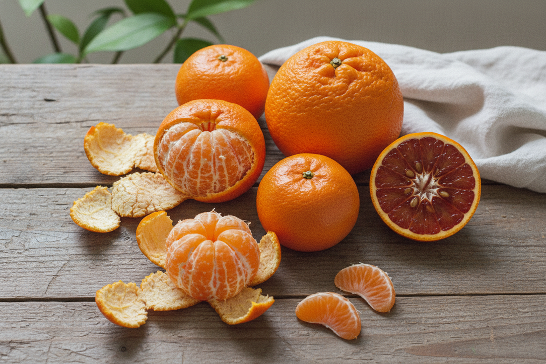 Fresh mandarin oranges comparison with peeled segments and whole citrus varieties on rustic wood table