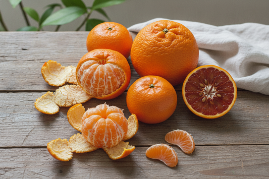 Fresh mandarin oranges comparison with peeled segments and whole citrus varieties on rustic wood table