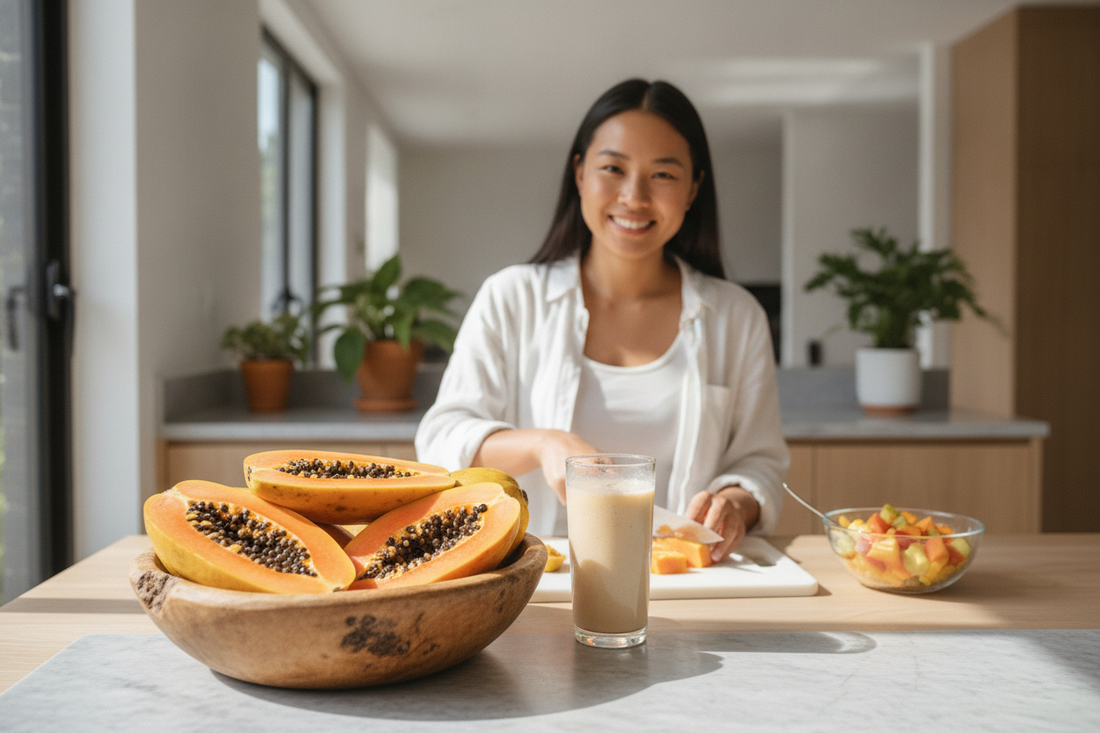 Fresh papaya slices and smoothie highlight papaya health benefits for vibrant wellness and healthy eating