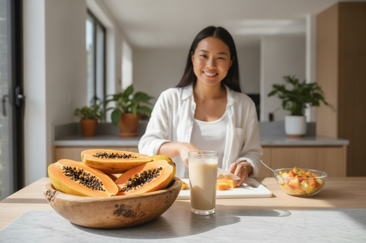 Fresh papaya slices and smoothie highlight papaya health benefits for vibrant wellness and healthy eating