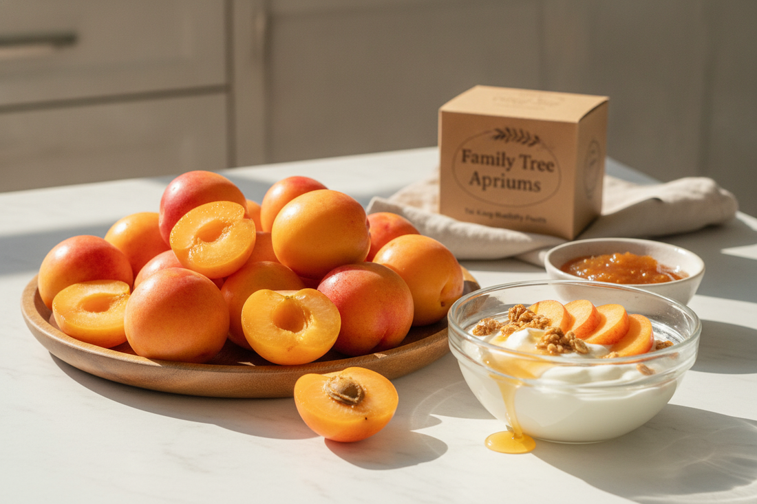Fresh premium aprium fruit served with yogurt and granola for a healthy gourmet breakfast option