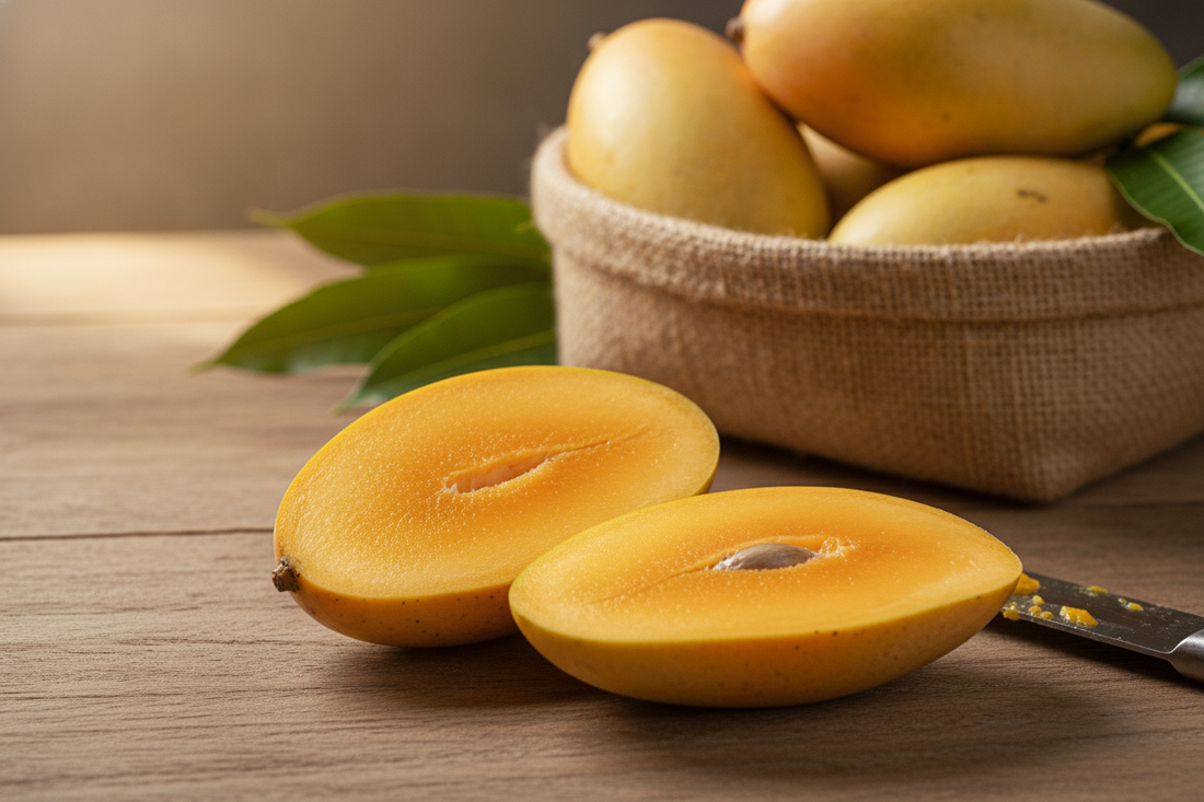 Freshly sliced premium Harumanis mango with vibrant orange flesh, perfect for healthy gourmet snacking