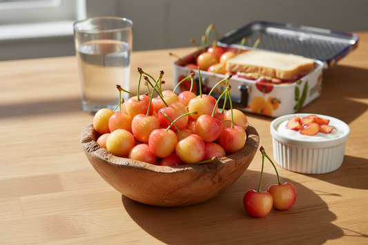 Fresh premium Rainier cherries in a wooden bowl with healthy snack ideas for families and food lovers