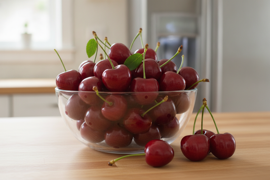 Fresh premium red cherries in a glass bowl, perfect for healthy snacking or gourmet gift ideas