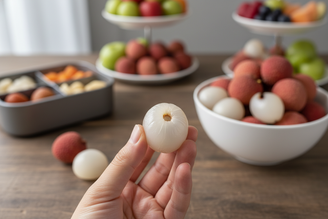 Fresh seedless lychee fruit held in hand, perfect for healthy snacking and gourmet gifting