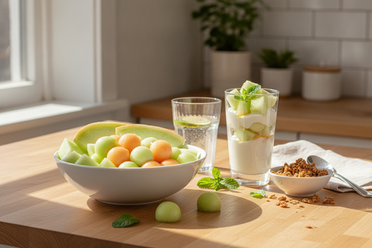 Fresh sweet candy melon salad and parfait with yogurt and granola for a healthy breakfast idea