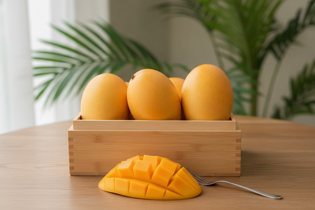 Fresh Taiwan Aiwen Mango in a wooden box with sliced mango cubes, perfect for healthy snacking