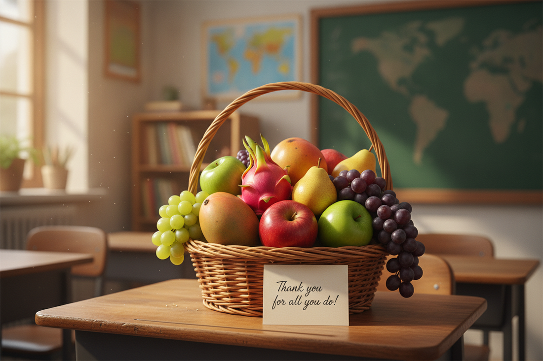 Fresh fruit basket with thank you note as a healthy teacher day gift idea for the classroom