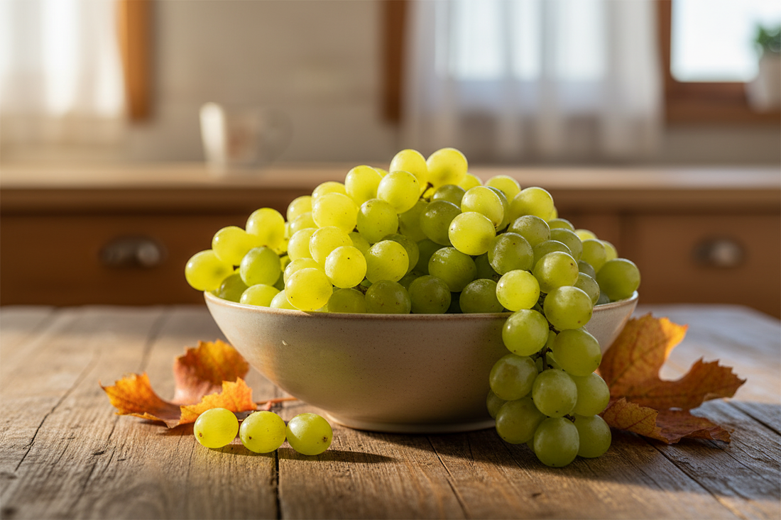 Fresh autumn crisp grapes in a rustic bowl with fall leaves, perfect for healthy snacking or gourmet gifts