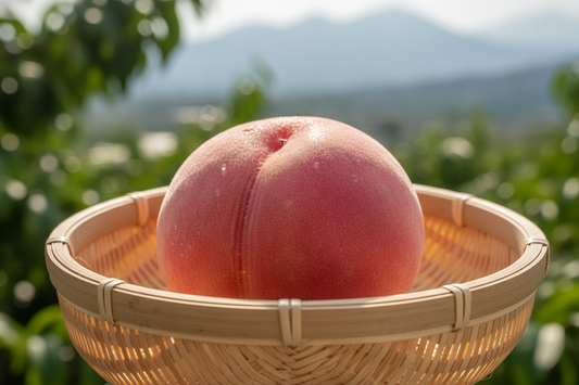 Fresh Yamanashi Daitouryou peach in a bamboo basket, perfect for healthy snacking or gourmet gifts